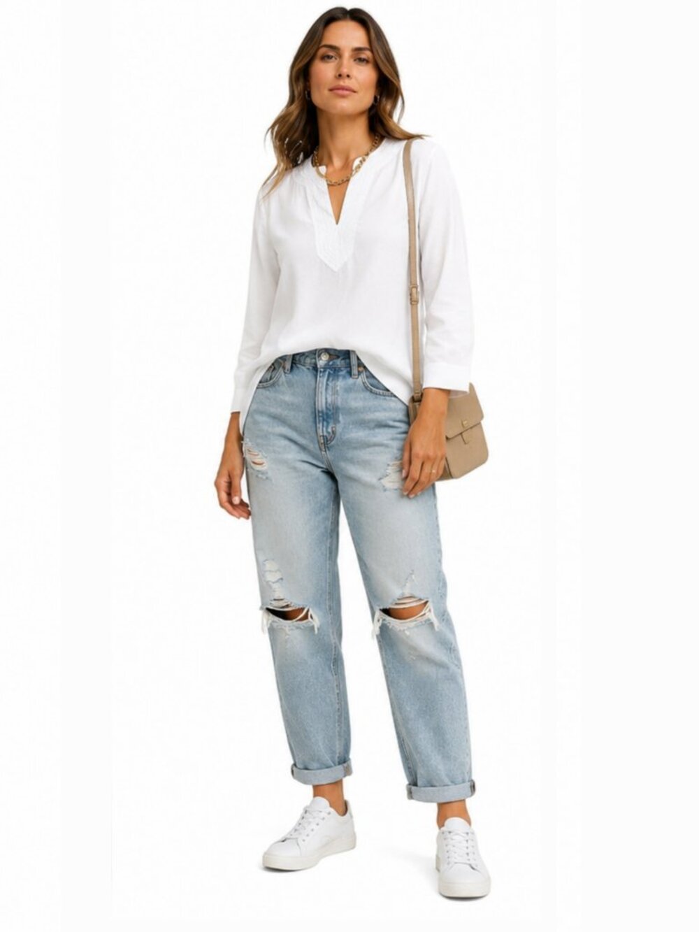 Lands' End White Split-Neck Embroidered Tunic